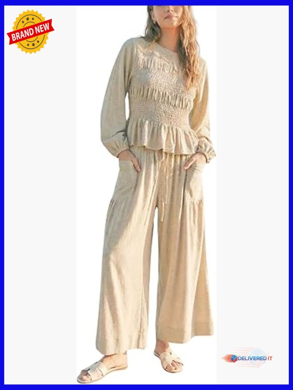 Womens 2-Piece Boho Long Sleeve Smocked Top & Wide Leg Pants Set Lounge Outfit